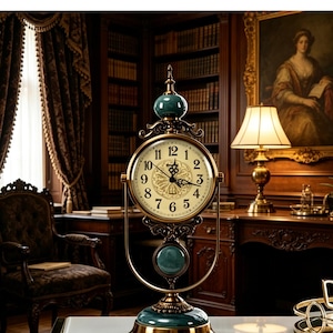 Vintage Table Clock Antique Pendulum Desk Clock Mechanical Movement Retro Metal Countertop Clock Ice Crack Ceramic Housewarming Gift