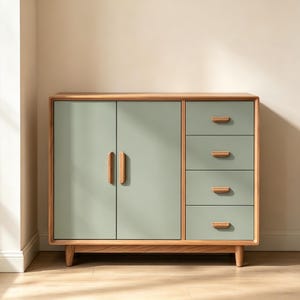 Könnte beinhalten: Ein hölzernes Sideboard mit einem Rahmen aus hellem Naturholz und vier salbeigrünen Schranktüren und Schubladen. Das Möbelstück verfügt über zwei vertikale Türen links und vier übereinanderliegende Schubladen rechts, alle mit passenden Holzgriffen.