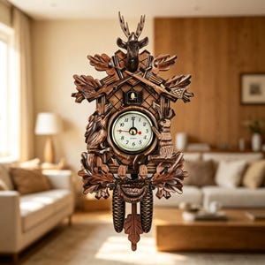 May include: A brown wooden cuckoo clock featuring a carved deer head at the top, oak leaves, and animal figures on the sides. The clock face has black numbers and hands, with two hanging pinecone-shaped weights and a central leaf-shaped pendulum.
