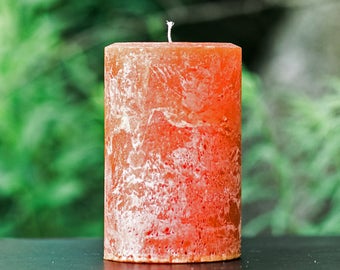 Unscented Handmade Burnt Orange Textured Pillar Candle: Rustic Decorative Candle