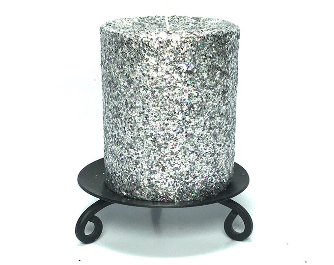 Silver Gray Glitter Unscented Decorative Pillar Candle - Decorative Use Only, Not for Burning