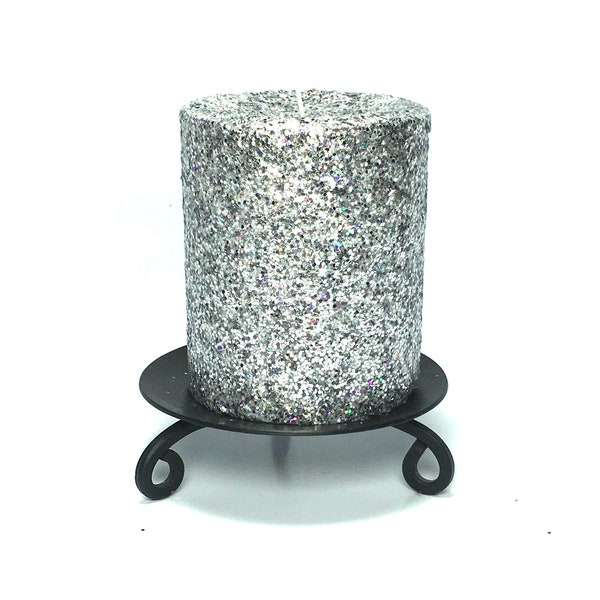 Silver Gray Glitter Unscented Decorative Pillar Candle - Decorative Use Only, Not for Burning