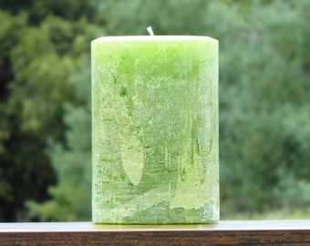 Unscented Pear Green Pillar Candle: Rustic Textured Handmade Decor