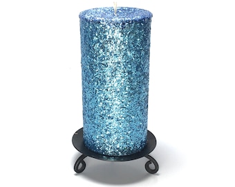 Light Blue Glitter Unscented Decorative Pillar Candle - Decorative Use Only, Not for Burning