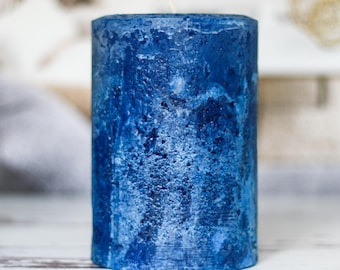 Unscented Classic Blue Rustic Pillar Candle: Handmade Mottled Farmhouse Home Decor