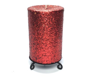 Red Glitter Unscented Decorative Pillar Candle - Decorative Use Only, Not for Burning