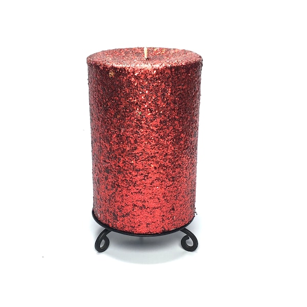 Red Glitter Unscented Decorative Pillar Candle - Decorative Use Only, Not for Burning