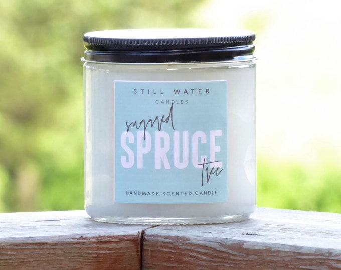 Sugared Spruce Tree Scented White Jar Candle | 12 Ounces | Handmade