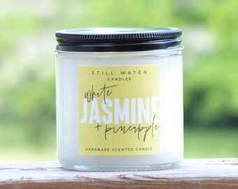 White Jasmine & Pineapple Scented White Jar Candle | 12 Ounces | Handmade