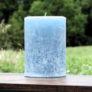 Slate Blue Gray Rustic Textured Unscented Pillar Candle, Farmhouse Home Decor, Large Decorative Handmade Blue Candle