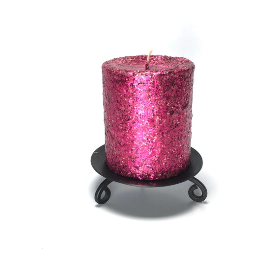 Fuschia Pink Glitter Unscented Decorative Pillar Candle Decorative Use  Only, Not for Burning 