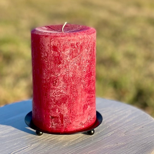 Cranberry Red Rustic Textured Unscented Block Pillar Candle - Choose Size - Handmade