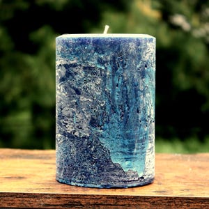 Classic Blue Rustic Textured Unscented Pillar Candle - Different Sizes - Farmhouse Primitive Home Decor for Tables, Shelves -  Handmade