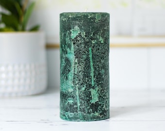 Unscented Dark Green Textured Candle, Handmade Rustic Pillar, Bookshelf and Tabletop Decoration