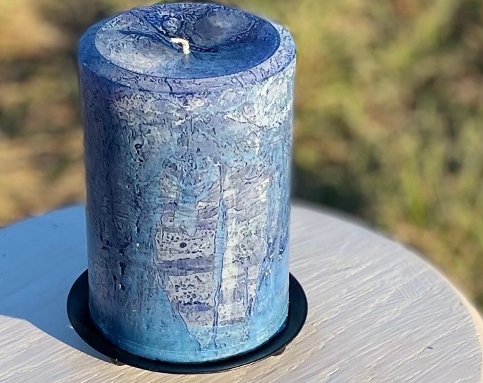 Classic Blue Rustic Textured Unscented Block Pillar Candle - Choose Size - Handmade