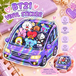 May include: A holographic vinyl sticker featuring a purple car filled with eight cartoon characters. The text reads BT21 INSPIRED VINYL STICKER. The sticker has a glossy finish and displays various colorful characters with expressive faces inside the vehicle.