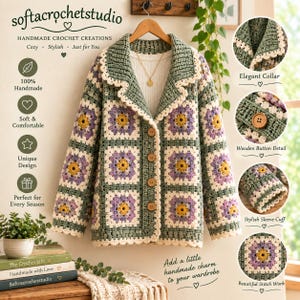 Puede incluir: Un cárdigan de ganchillo con un patrón de cuadrados de la abuela en verde salvia, lavanda y amarillo, con cuello ancho, mangas largas y cuatro botones de madera en la parte delantera. La prenda se muestra en una percha de madera.