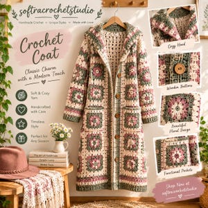 Puede incluir: Un abrigo de ganchillo de manga larga con un patrón de cuadrados granny en tonos crema, verde salvia y rosa empolvado. El abrigo incluye capucha, cierre frontal con botones de madera y dos bolsillos. El texto en la imagen dice Crochet Coat.