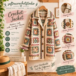 Puede incluir: Una chaqueta de ganchillo de manga larga con un patrón de cuadrados de la abuela multicolor en tonos crema, rosa, azul y verde. La chaqueta tiene cuello, cierre frontal con cuatro botones de madera marrón y dos bolsillos delanteros.