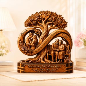 May include: A brown wood-toned decorative sculpture featuring a tree with roses and two hearts at the top. It depicts a young couple on the left and an older couple on a bench on the right. Text includes "Lincoln", "Ruby", "Rooted in Love, Growing in Life, Together Forever", and "Celebrating 50 Golden Years 1976 - 2026".