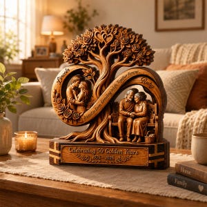 May include: A wooden sculpture featuring a tree with two circular frames. One frame shows a young couple, the other an older couple on a bench. The base is engraved with "Celebrating 50 Golden Years 1976 - 2026" and the tree has the text "Rooted in Love, Growing in Life, Together Forever".