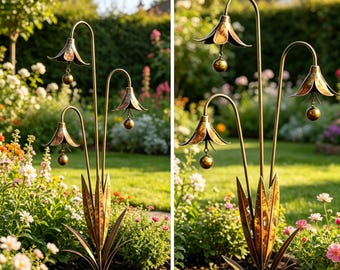 Triple Bluebell Garden Stake, Metal Flower Yard Decor, Outdoor Lawn Ornament, Patio Walkway Garden Accent