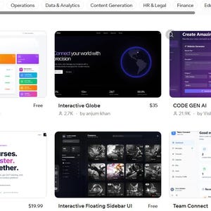 May include: A digital interface displaying a grid of six software application previews, including Task management, Interactive Globe, CODE GEN AI, CourseSpark, Interactive Floating Sidebar UI, and Team Connect, with navigation menus at the top.