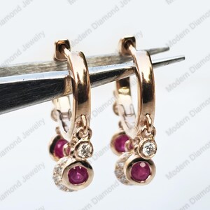 14k Solid Gold Ruby Diamond Huggie Hoop Earrings, July Birthstone Dangle Drop