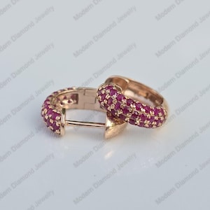 14K Gold Pave Ruby Huggie Earrings, Three Row Gemstone Hoops, July Birthstone Cartilage Jewelry