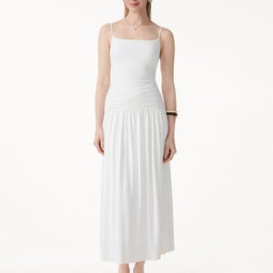 Not-See-Thru Spaghetti Gathered Maxi Bra Dress -  Pure White