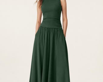 2Pcs Set Stretch Cotton Boatneck Bra Tank & Maxi Umbrella Skirt with Pockets - Bush Green