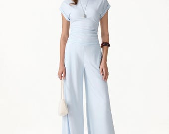2Pcs Set Round Neck Ruched Tee & Mid Rise Wide Leg Pants - Blue Air