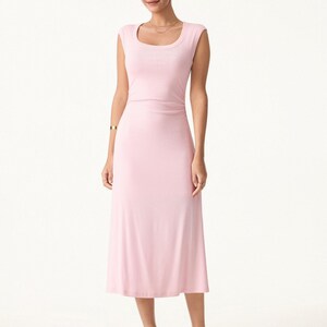 Scoop Neck Side Ruched New Airy Bra Midi Dress - Light Pink