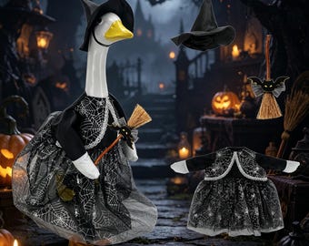 23 inch porch goose witch costume, black spiderweb dress, witch hat broom outfit, Halloween yard decor spooky goose outfit