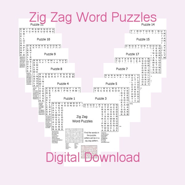 Set of 20 Zig Zag Word Search Puzzles, Printable Puzzles, Commercial Use, Print at home Puzzles