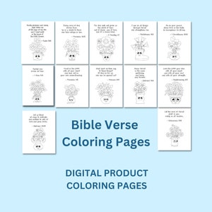 May include: A set of 10 black and white colouring pages featuring Bible verses. Each page has a flower pot with a face and a Bible verse inside the pot. The title "Bible Verse Coloring Pages" is at the top of the page.