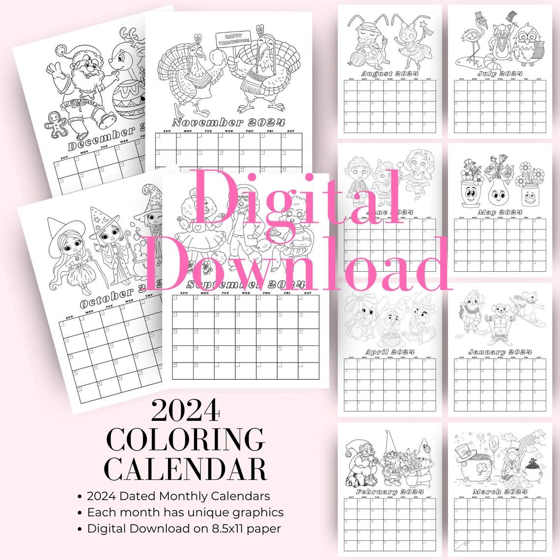 2024 Coloring Calendar, 2024 Sunday Start Calendar, Printable Coloring