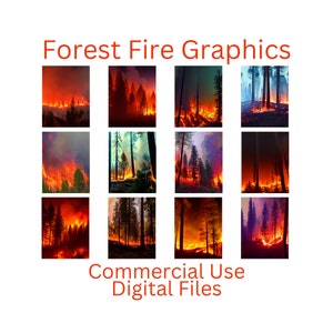 Set of 12 Forest Fire Graphics, Commercial Use, Forest Fires, Forest images, Fires, images of fire, images of forests, burning trees