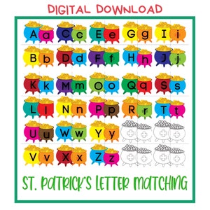 Juego de combinación de alfabetos de San Patricio, Imprimir en casa, Descarga digital, Juego de combinación de memoria del alfabeto, Rompecabezas ABC, Juego de combinación de letras de aprendizaje