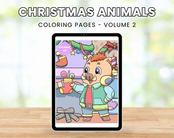 May include: A digital coloring page featuring a cartoon boar wearing a blue and green winter jacket and holding a red mug. The boar is standing in front of a decorated Christmas tree with a pink stocking hanging on it. The page is titled "Christmas Animals Coloring Pages - Volume 2".