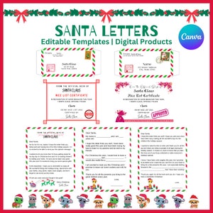 Carta do Papai Noel, modelo editável de carta do Papai Noel, kit de carta do Papai Noel, modelo de carta do Papai Noel Canva, certificado de lista agradável, carta do querido Papai Noel