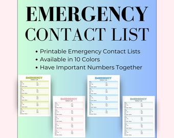 Emergency Contact List, Printable PDF, Printable Emergency Contact List, Emergency Preparation, Contact List in 10 Colors