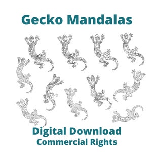 May include: A set of ten black and white gecko mandala illustrations. The geckos are in various poses and have intricate patterns on their bodies. The text "Gecko Mandalas" and "Digital Download Commercial Rights" is at the top and bottom of the image.