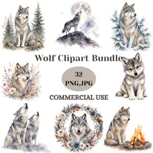 Puede incluir: Una colección digital de 32 ilustraciones en acuarela de lobos que muestran lobos en bosques, aullando a la luna, sentados junto a una fogata y rodeados de coronas florales. El texto dice Wolf Clipart Bundle, 32 PNG,JPG, COMMERCIAL USE.