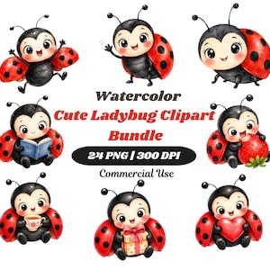 Pode incluir: Uma coleção digital de oito ilustrações em aquarela de joaninhas em várias poses, incluindo segurando um livro, um morango, uma xícara de chá, um presente e um coração. O texto diz Watercolor Cute Ladybug Clipart Bundle 24 PNG 300 DPI Commercial Use.