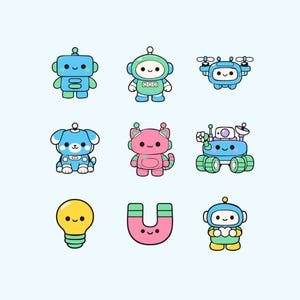 May include: A collection of nine colourful icons featuring various characters and objects including robots, a blue puppy, a pink cat, a drone, a lightbulb, and a horseshoe magnet, all designed with simple lines, pastel colours, and smiling faces.