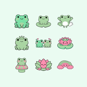 Paquete de imágenes prediseñadas de ranas kawaii, nenúfares, lotos y setas en formato PNG y SVG (uso comercial).