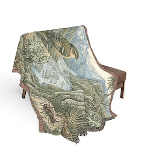 Manta tejida con diseño de curruca montañesa de Nueva Zelanda, manta con paisaje alpino de aves dibujada a mano.