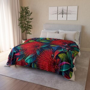 Vibrant Red Pohutukawa Floral Fleece Sherpa Blanket | Tropical Botanical Print | NZ Christmas Flower Gift
