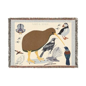Kiwi and Native Birds Woven Blanket | New Zealand Bird Illustration Throw
